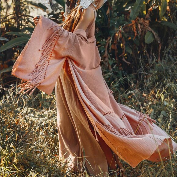 Aya Sacred Wear Boho Kimono Cover Wide Sleeve Cape Tassel Organic Sustainable - Picture 7 of 8